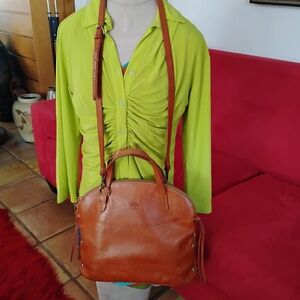 IL BISONTE Logo Embossed Cognac Leather Shoulder / Crossbody Handbag Purse